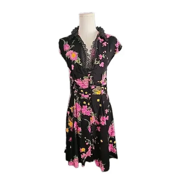 Free People Womens Size 4 Boho Alora Floral Lace Collared Cap Sleeve Mini Dress - Picture 4 of 7